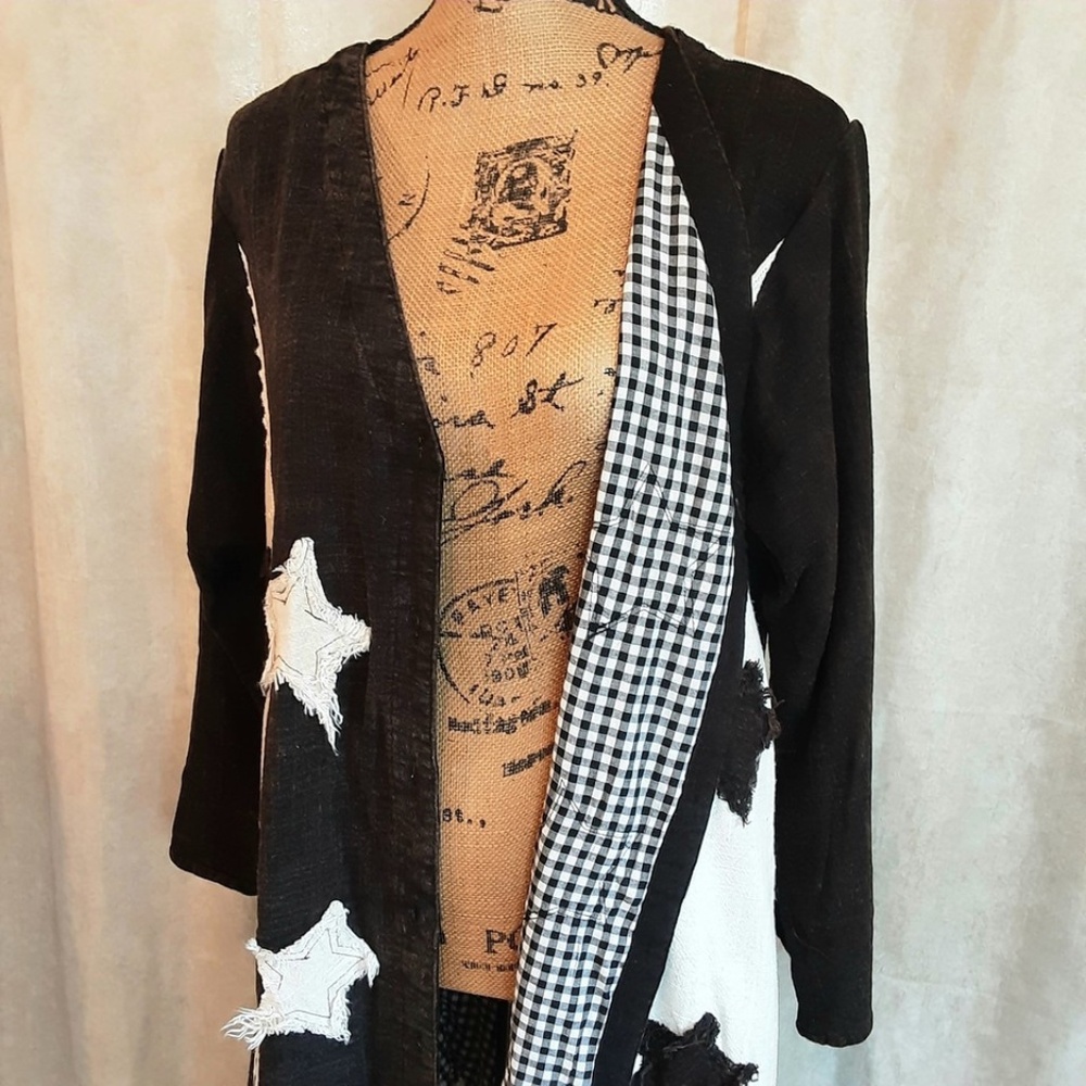 NWT Black & White Star Duster Jacket by Blue Velvet Full Button Oversized Sz S - Picture 8 of 16